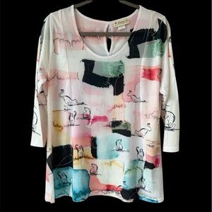 Abstract cat novelty print mixed fabric top blouse like new SzM made in USA